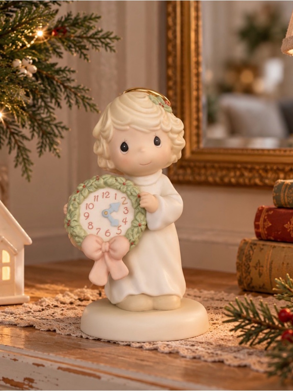 Precious Moments Ivory Angel Figurine Holding Green Wreath Clock with Pink Bow